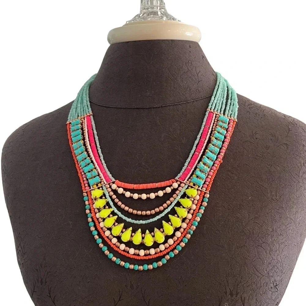 NWT Tandore Multicolored Bead and Stone Boho Statement Bib Necklace - Picture 4 of 4